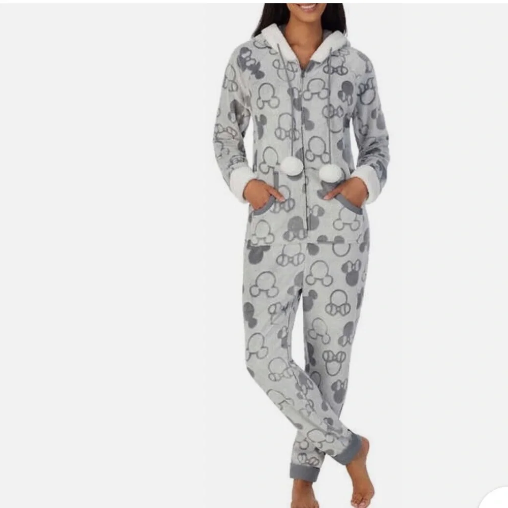 Disney Mickey & Minnie One Piece Fleece Hooded Zip Front Pajamas Size Large - Picture 4 of 11